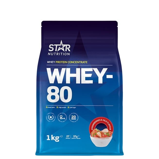 Whey-80, 1kg Strawberries & Milk i gruppen Kosttillskott / Proteintillskott / Vassleprotein hos Golden Athlete (5861)