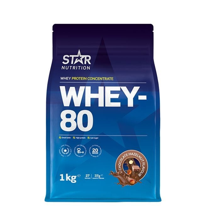Whey-80, 1kg Chocolate Hazelnut i gruppen Kosttillskott / Proteintillskott / Vassleprotein hos Golden Athlete (597-061)