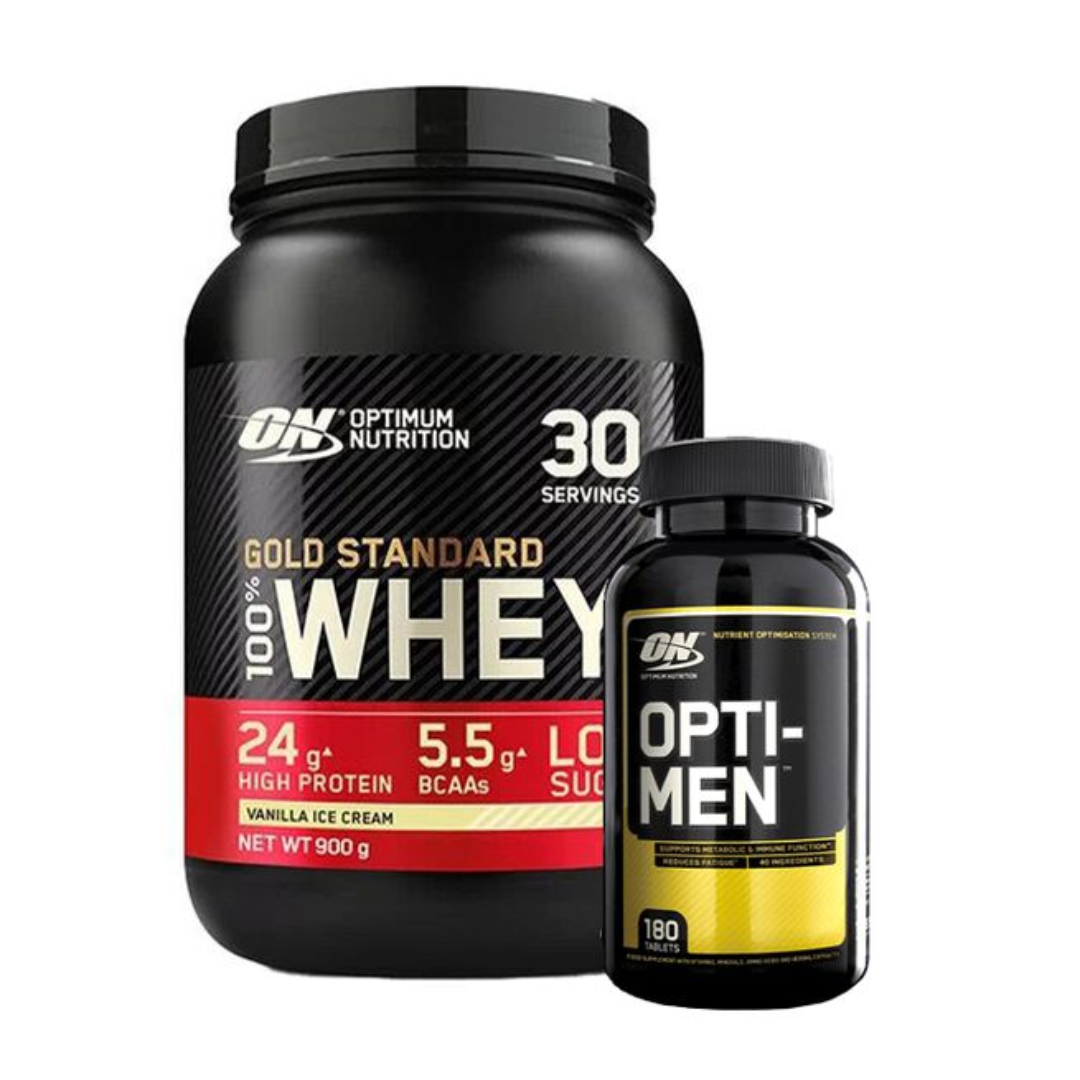 100% Whey Gold Standard Vassleprotein 908g +  Opti-Men, 180 tabs i gruppen Kosttillskott / Färdiga paket hos Golden Athlete (SETONWHEYOPTIMENS)