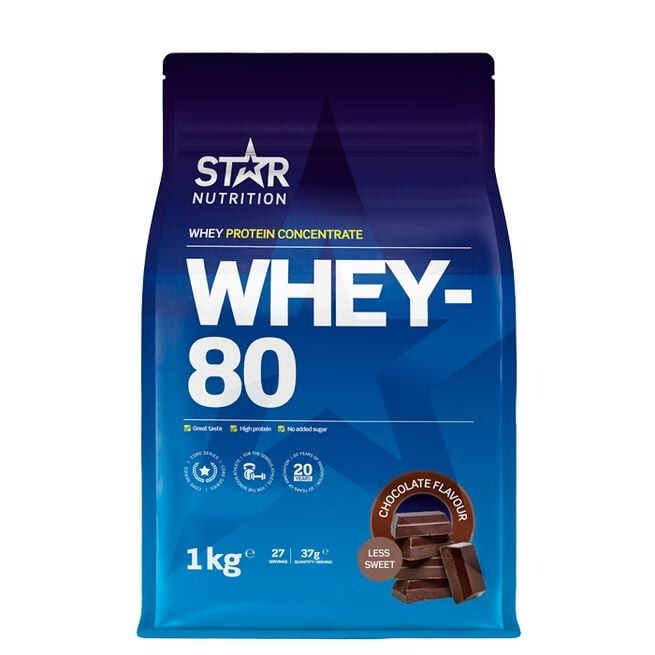 Whey-80, 1kg Choklad (less sweet) i gruppen Kosttillskott / Proteintillskott / Vassleprotein hos Golden Athlete (SN-W801-31)