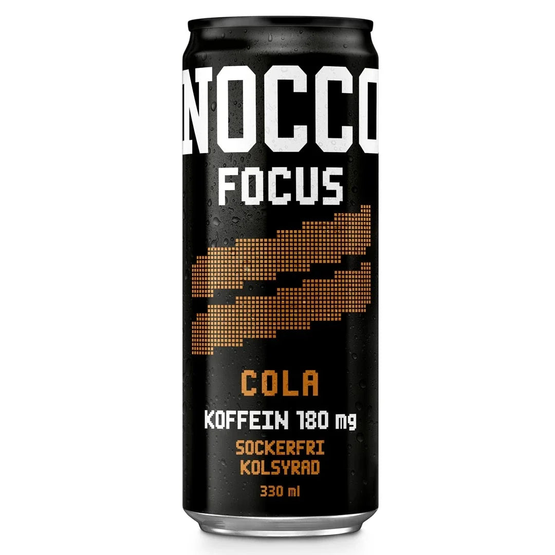NOCCO FOCUS 330 ml energidryck i en svart burk med bruna detaljer, kolsyrad och sockerfri med colasmak., bild 2 av 9