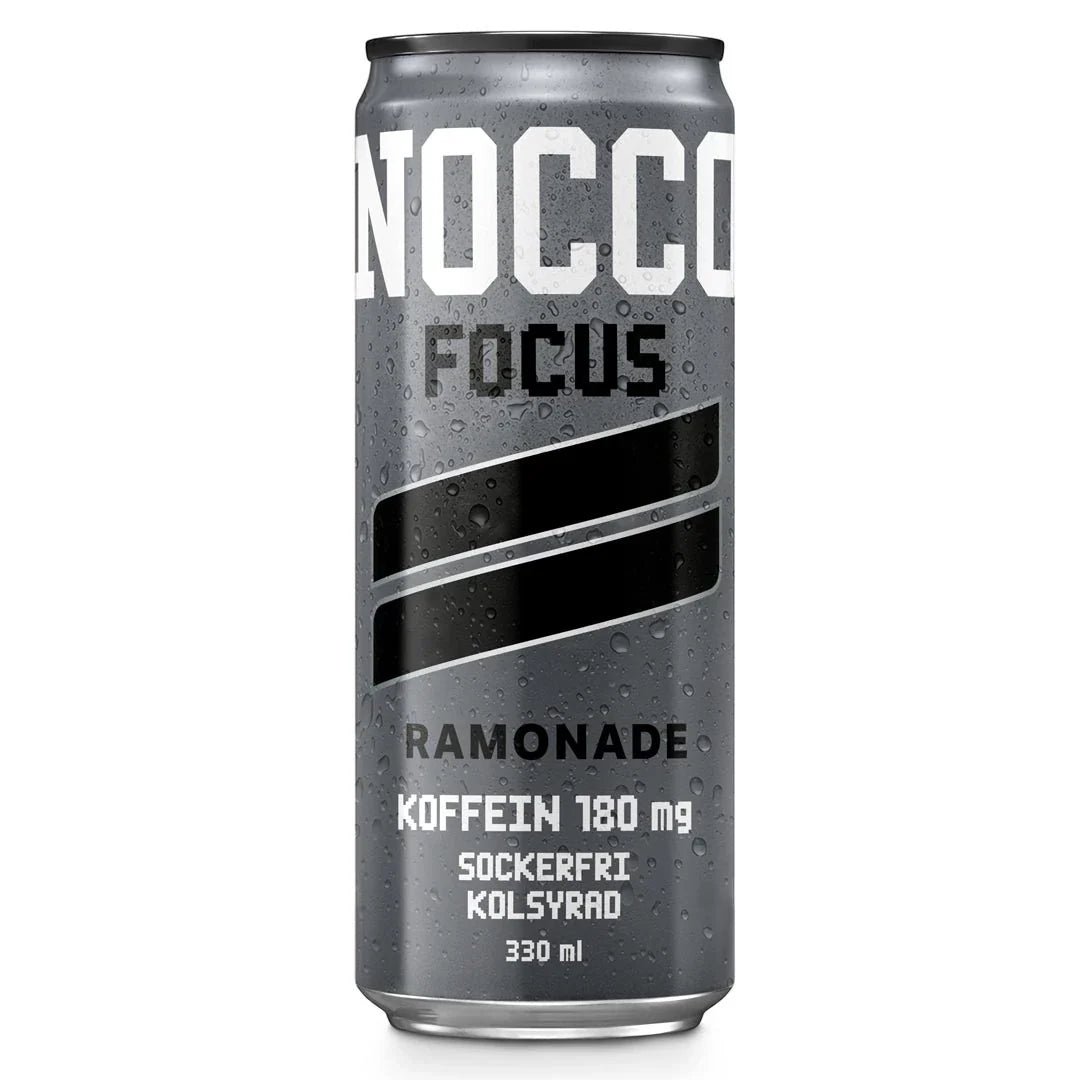 NOCCO FOCUS 330 ml energidryck i en grå aluminiumburk med svarta detaljer och smaken Ramonade., bild 4 av 9