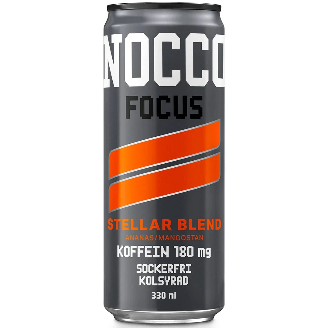 NOCCO FOCUS 330 ml energidryck i en mörkgrå burk med orange detaljer för smaken Stellar Blend., bild 6 av 9