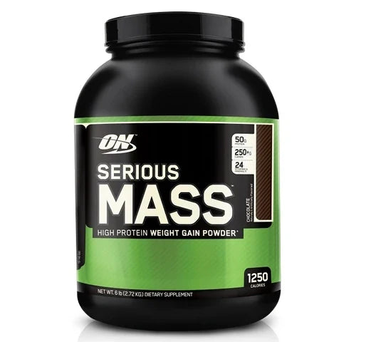 Optimum Nutrition Serious Mass 2.72 kg gainer i en stor svart burk med grön etikett och smaken Chocolate., bild 1 av 1