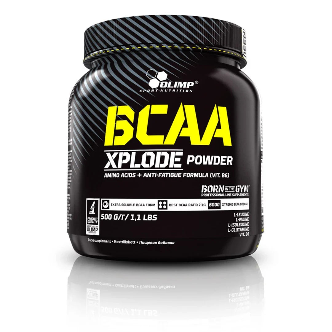 Olimp BCAA Xplode 500 g aminosyror i en svart burk med gul och vit textering., bild 2 av 3