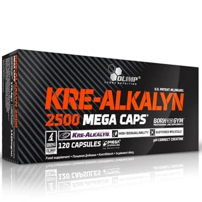Svart förpackning med orange text för Olimp Kre-Alkalyn Mega 120 caps, ett buffrat kreatin i kapselform., bild 1 av 1