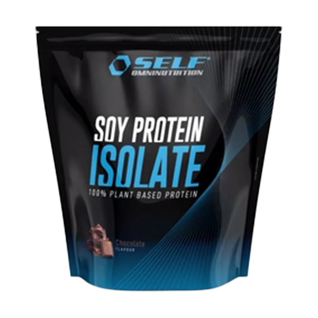 Self Omninutrition Soy Protein 1 kg proteinpulver i en svart påse med blå detaljer för smaken Chocolate., bild 1 av 2