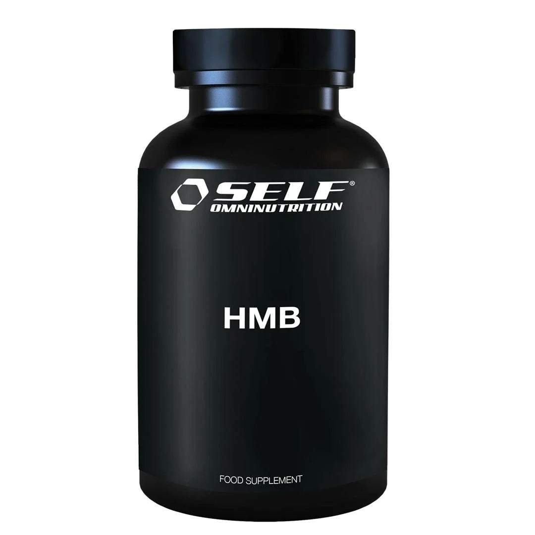 Self Omninutrition HMB pure Grade 1g, aminosyror i kapselform, förpackad i en svart burk med vita textdetaljer., bild 1 av 1