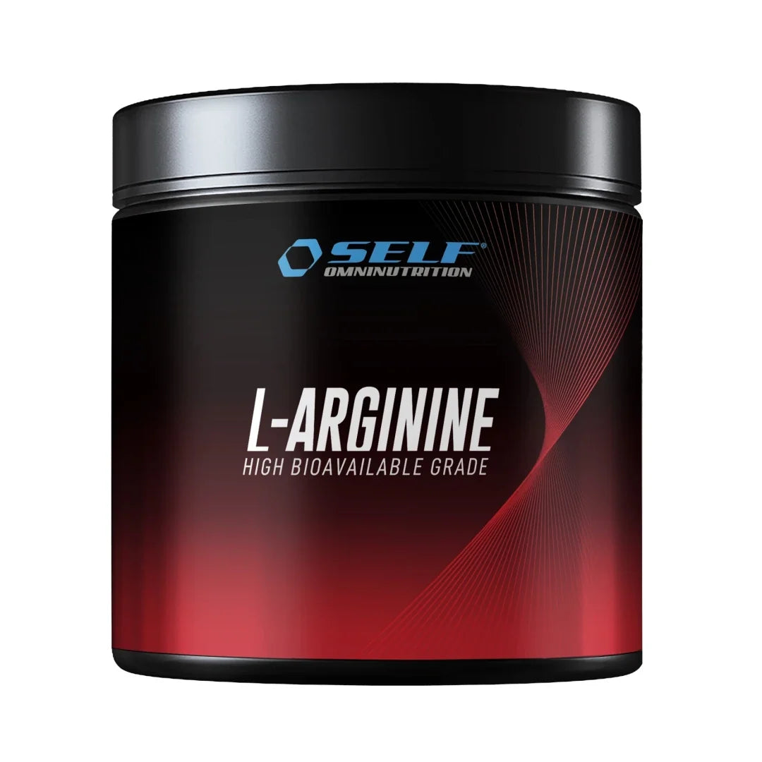 Svart burk med röda detaljer innehållande Self Omninutrition Arginine 200 g rent L-arginin i pulverform.