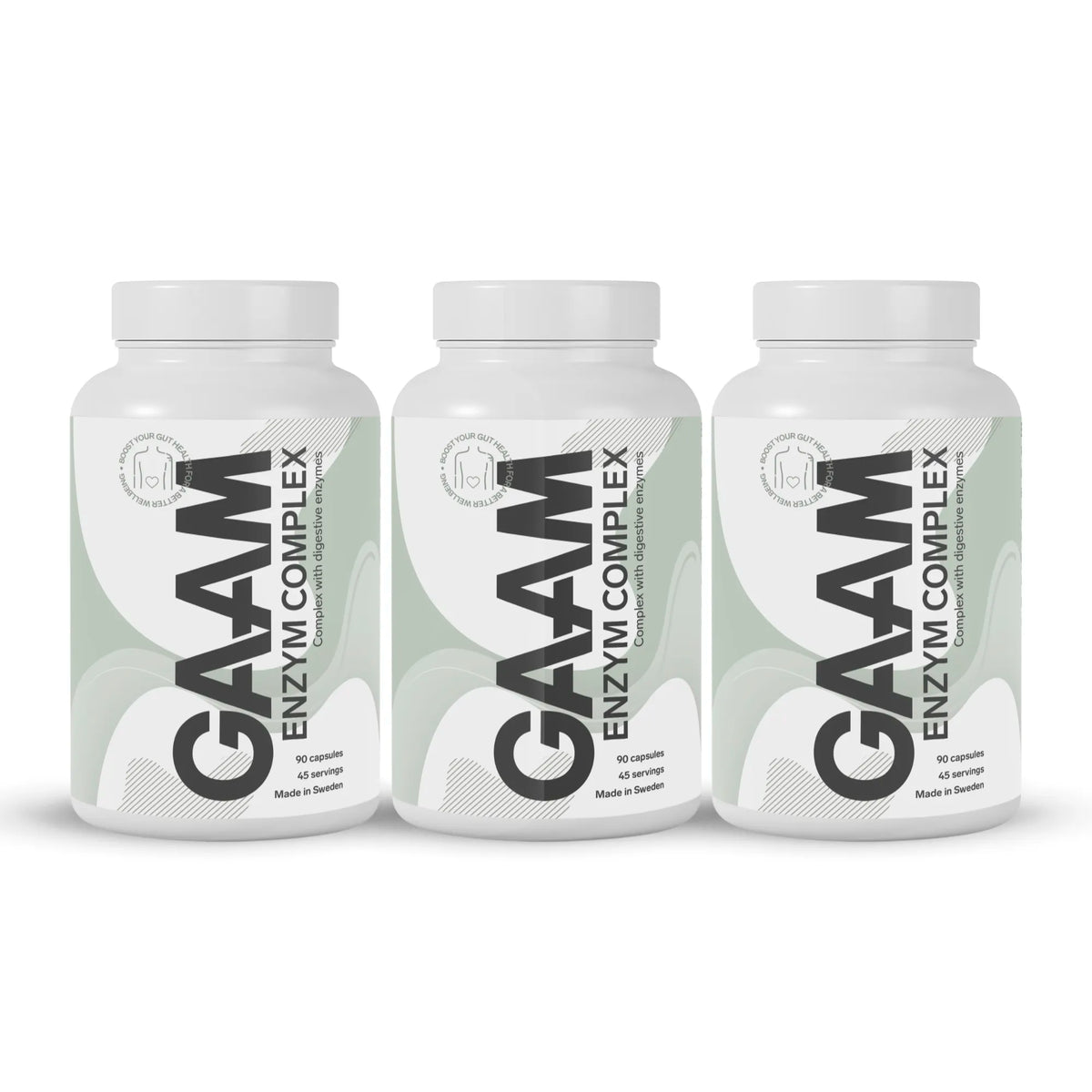 3 x GAAM Enzym Complex 90 caps kosttillskott i tre vita plastburkar med gröna detaljer., bild 1 av 1