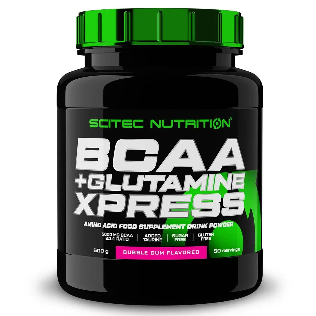 Scitec Nutrition BCAA + Glutamine Xpress 600 g i en svart burk med gröna detaljer och smak av Bubble Gum.