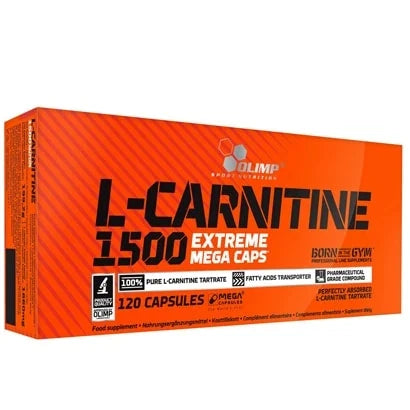 Olimp L-Carnitine 1500 Extreme Mega caps 120 caps i en orange kartong med svart text.
