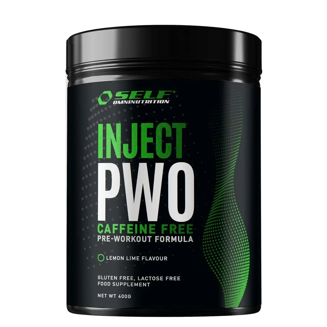 Svart burk med grön text innehållande Self Omninutrition Inject PWO Caffeine Free 400 g med smaken Lemon Lime., bild 1 av 1