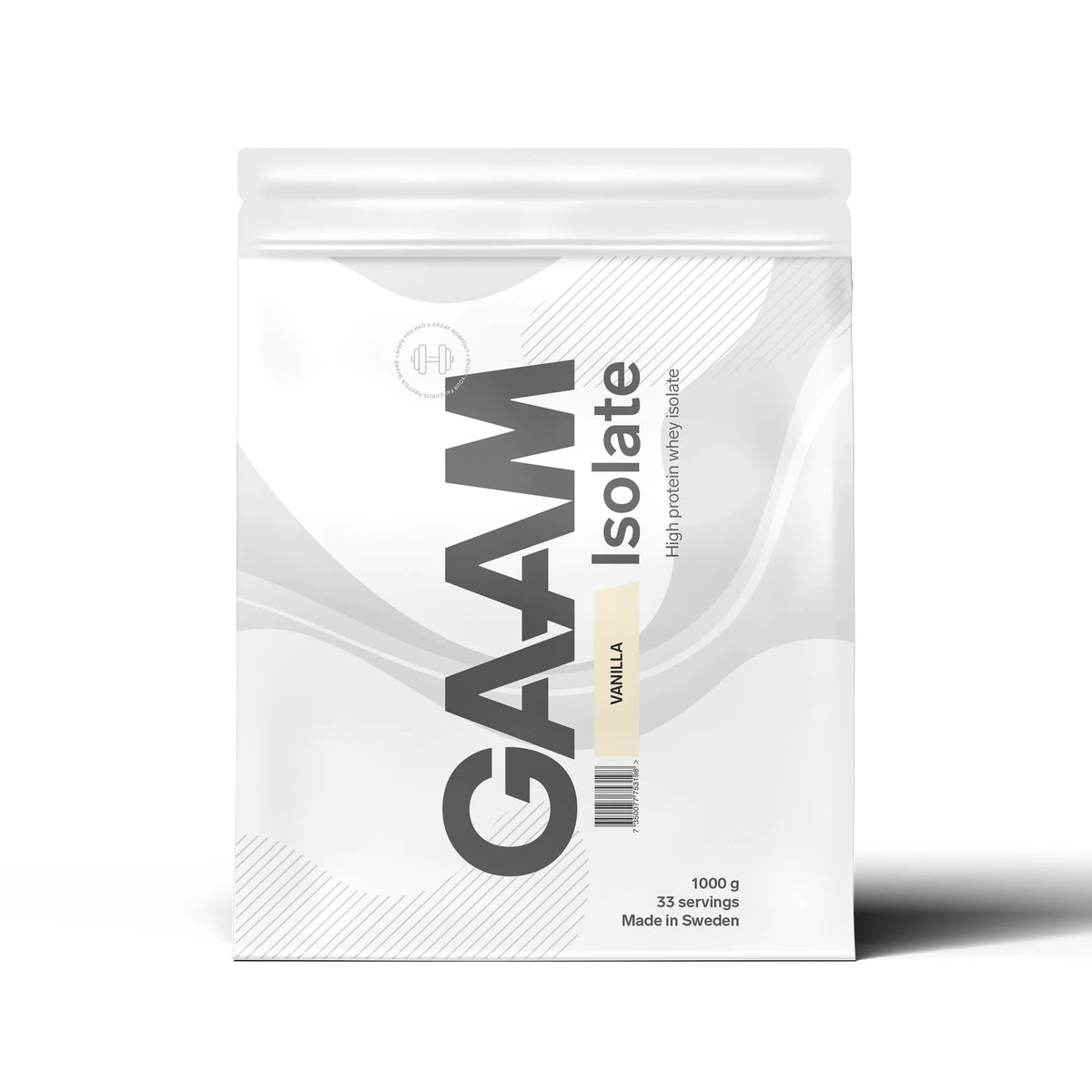 GAAM Isolate 1 kg proteinpulver i en vit påse för smaken Vanilla.
