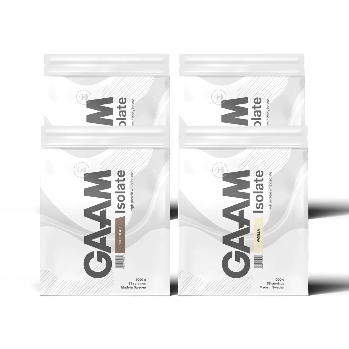4 x GAAM Isolate 1 kg vassleproteinisolat i fyra vita påsar med smakerna Chocolate och Vanilla., bild 1 av 1