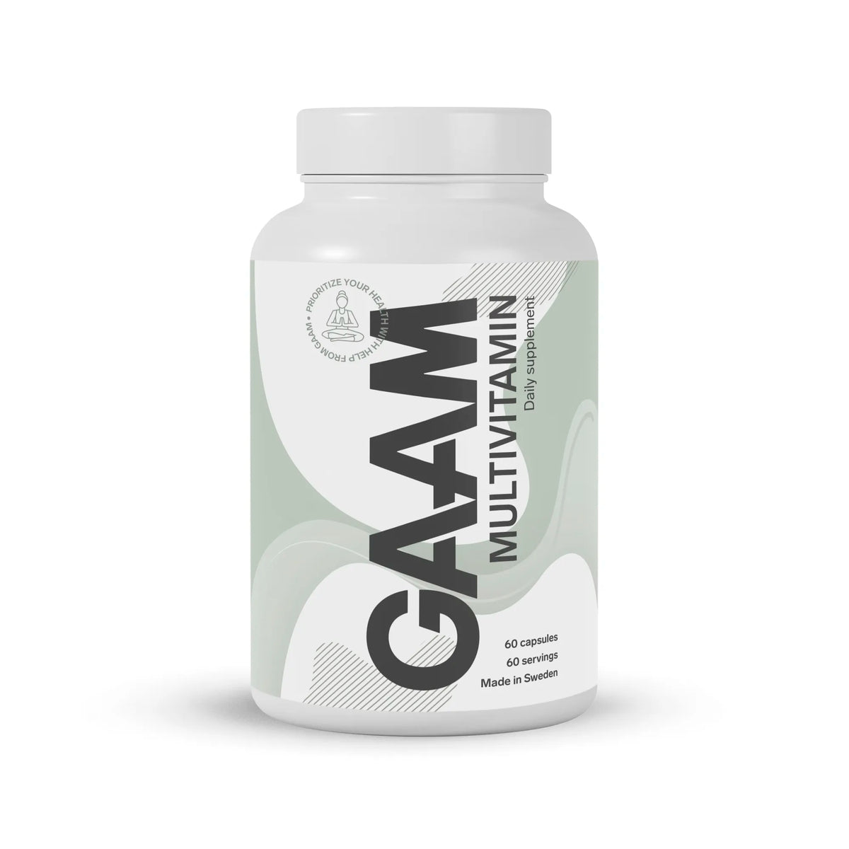 En vit burk med GAAM Multivitamin 60 caps, med en ljusgrön etikett och stor svart text., bild 1 av 1