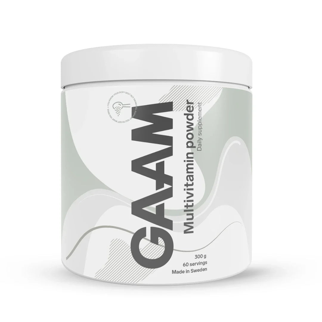 En vit burk med GAAM Multivitamin Powder 300 g som innehåller multivitaminpulver., bild 1 av 1