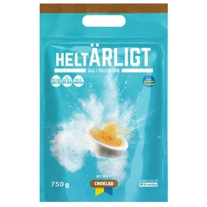 HeltÄrligt Äggpulver 750 g i en turkos påse med smak av choklad.