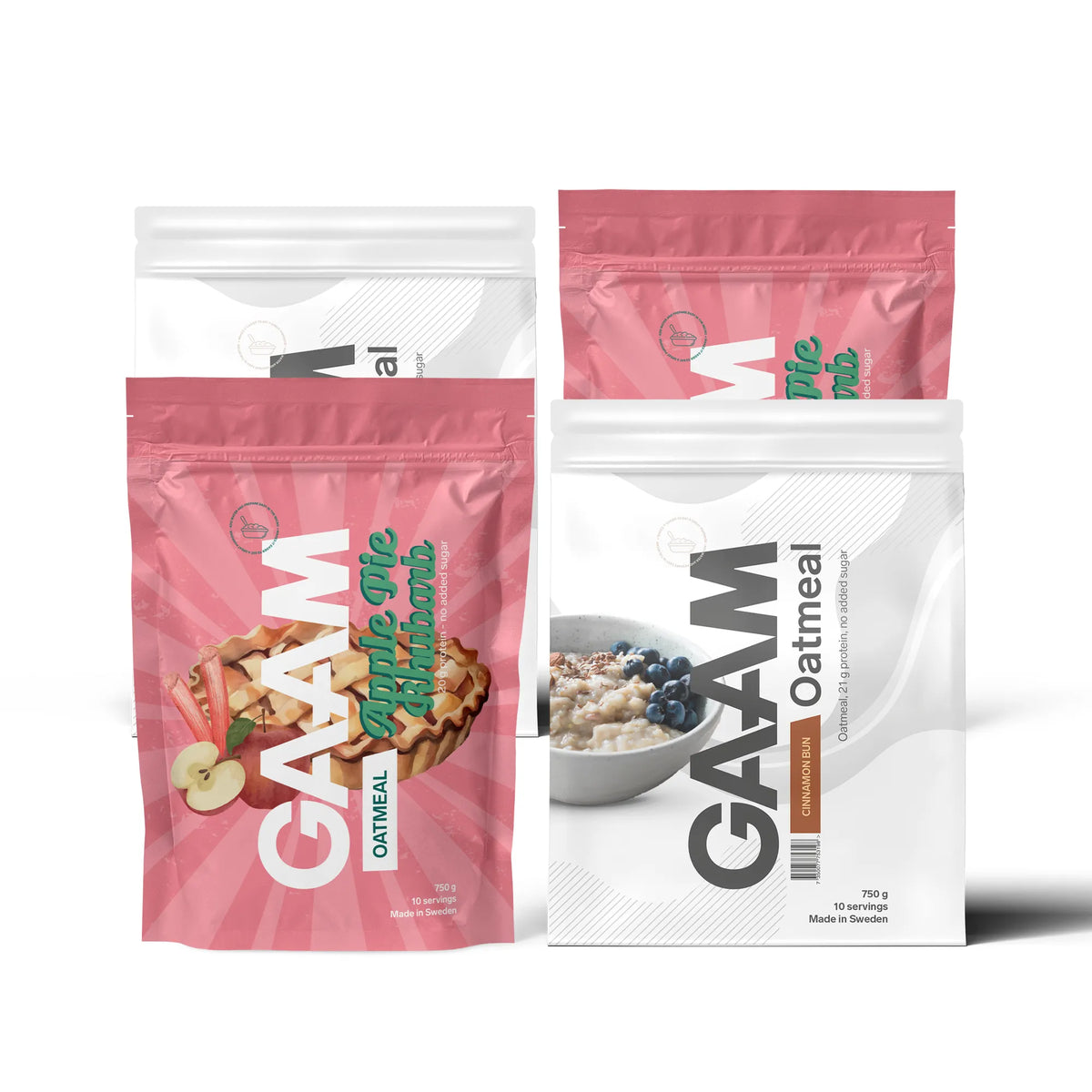 4 x GAAM Oatmeal 750 g i en bundle med fyra påsar i vitt och rosa för smakerna Apple Pie Rhubarb och Cinnamon Bun., bild 1 av 1