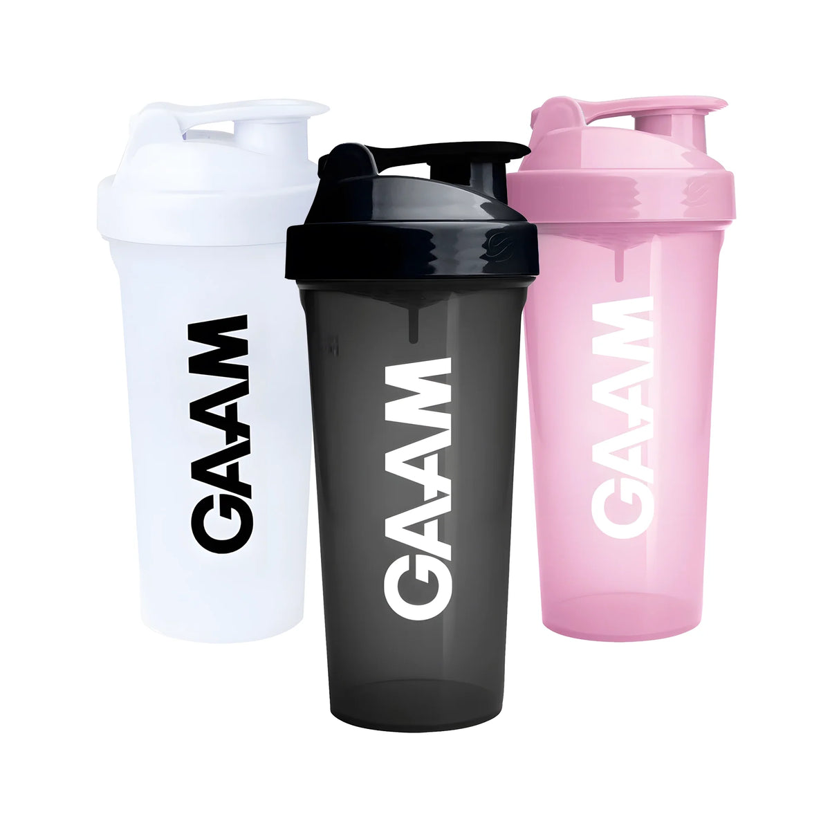 3 x GAAM Shaker 800 ml plastshakers i färgerna svart, vit, och rosa med GAAM-logotyp., bild 1 av 1
