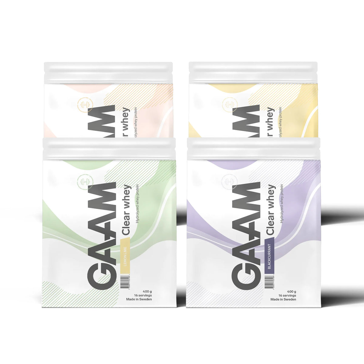 4 x GAAM Clear Whey 400 g proteinpulver i fyra vita påsar med vågiga mönster i olika pastellfärger., bild 1 av 1