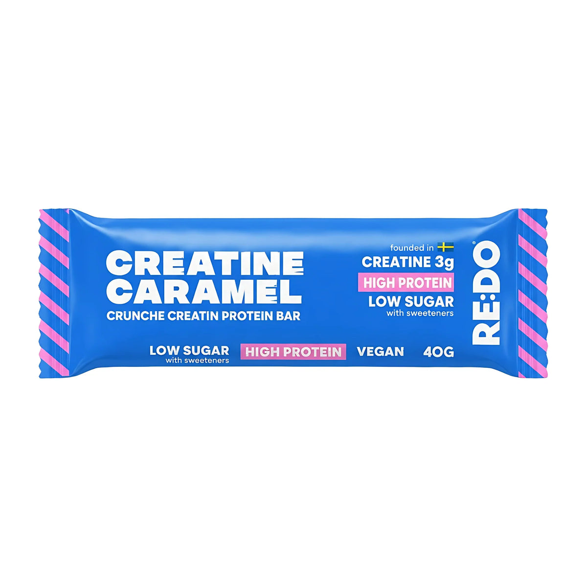 RE:DO Creatine Bar 40 g vegansk proteinbar i en blå förpackning med rosa och vita detaljer., bild 1 av 3