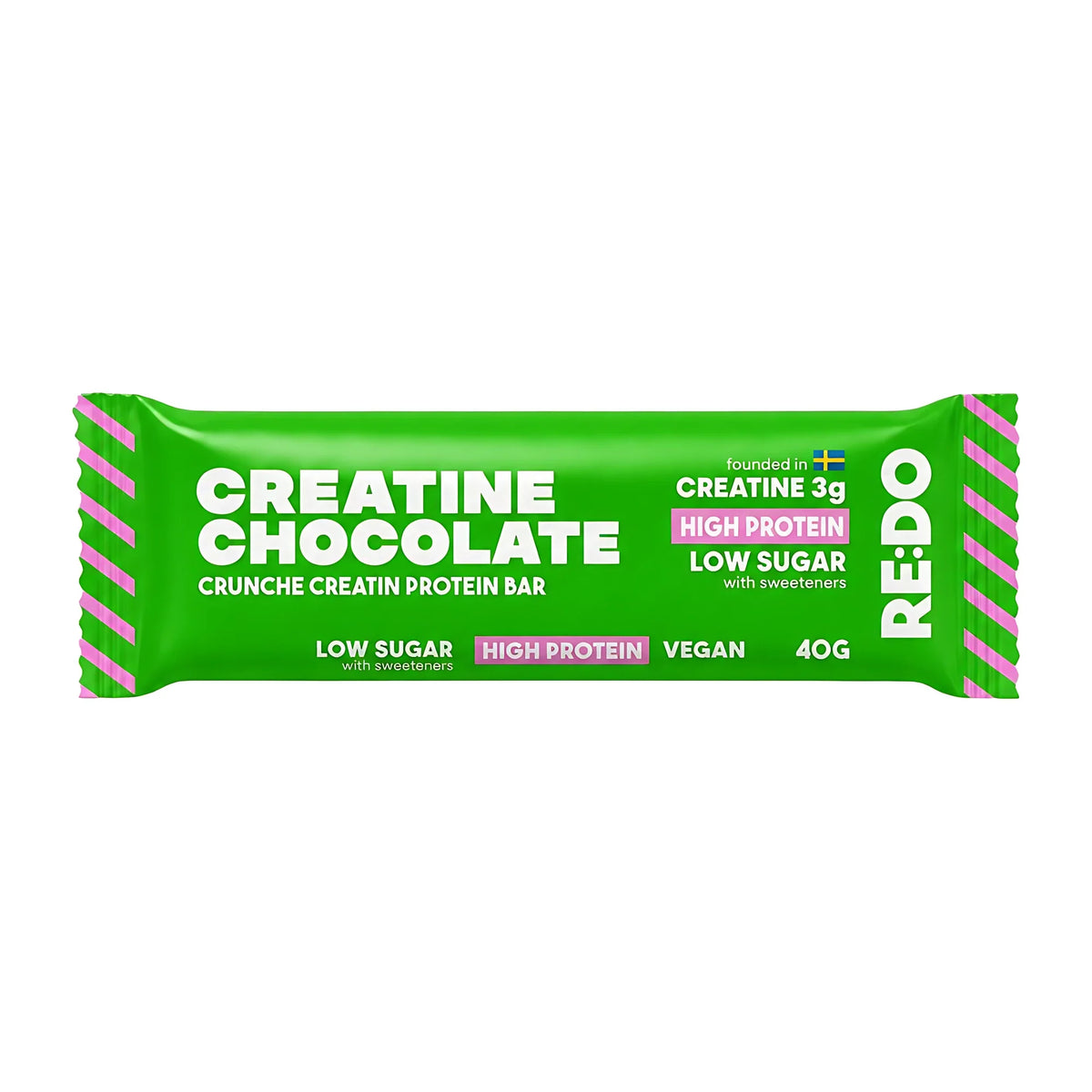 REDO Creatine Bar 40 g vegansk proteinbar i grön förpackning med rosa detaljer för smaken Chocolate Caramel., bild 3 av 3