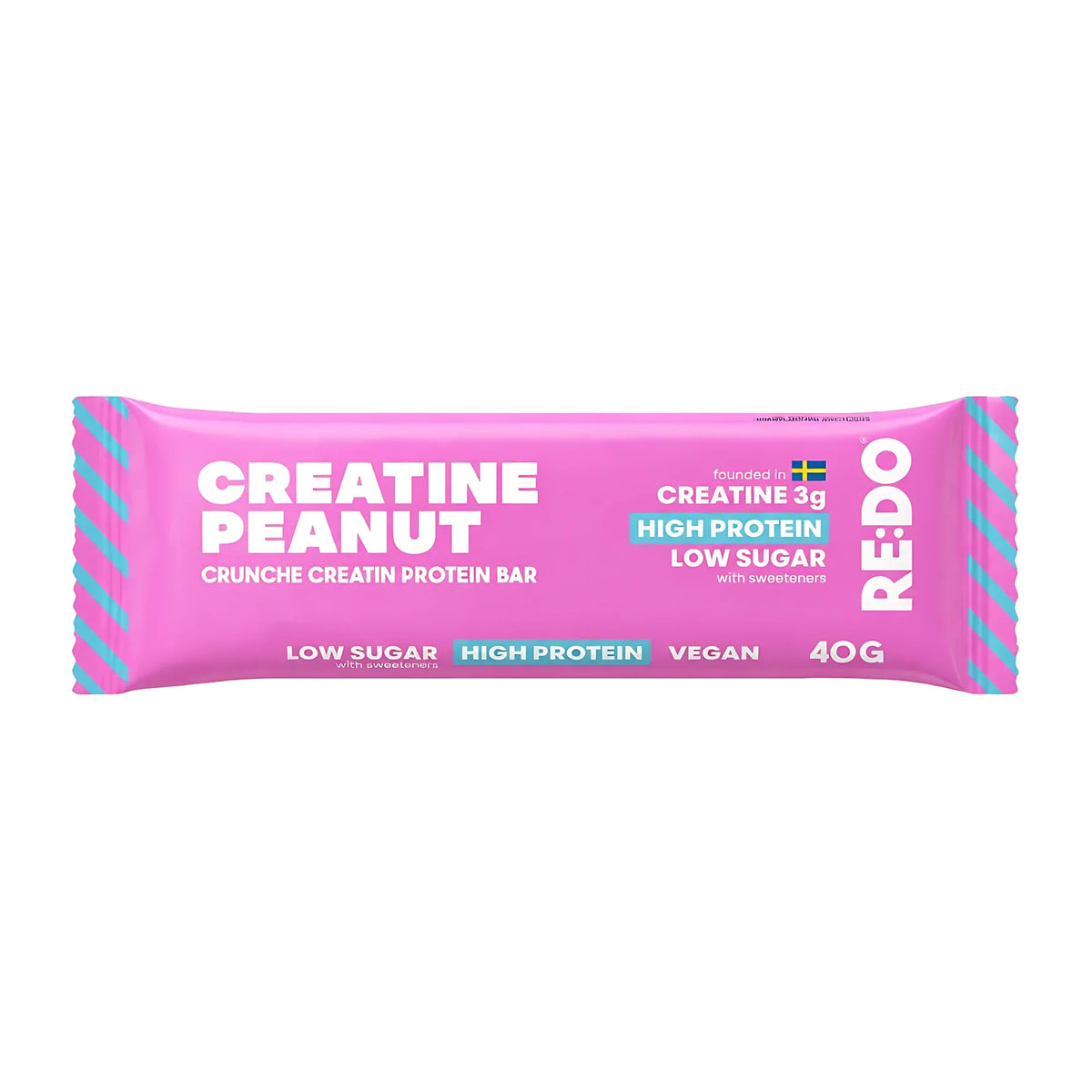 REDO Creatine Bar 40 g vegansk proteinbar i en rosa förpackning med smak av Peanut Caramel.