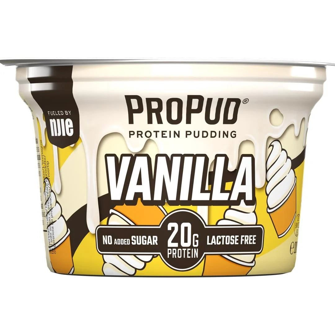 NJIE ProPud 200 g proteinpudding i en gul och vit bägare med bruna detaljer för smaken Vanilla.