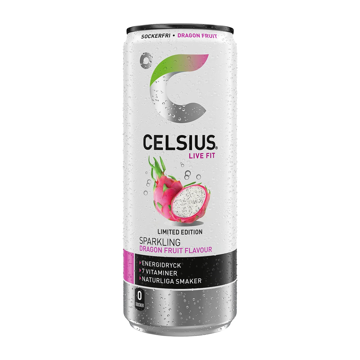 Celsius 250 ml sockerfri kolsyrad dryck i en vit och silverfärgad burk med smak av Dragon Fruit.