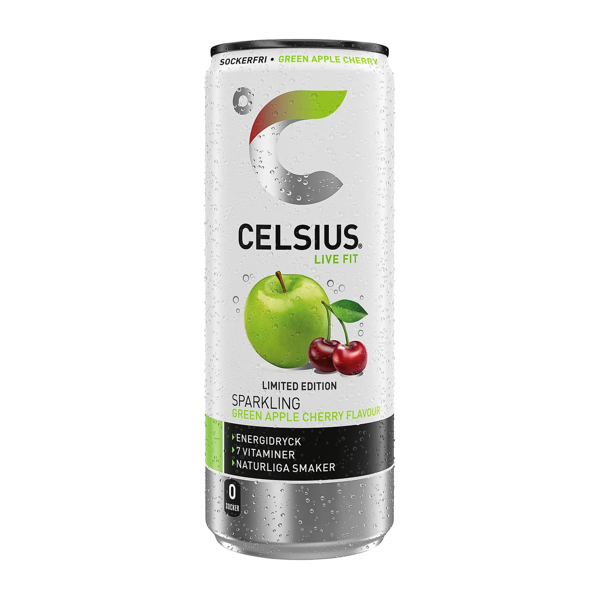 Celsius 250 ml sockerfri kolsyrad energidryck i en vit och silverfärgad burk med motiv av äpple och körsbär för smaken Green Apple Cherry.