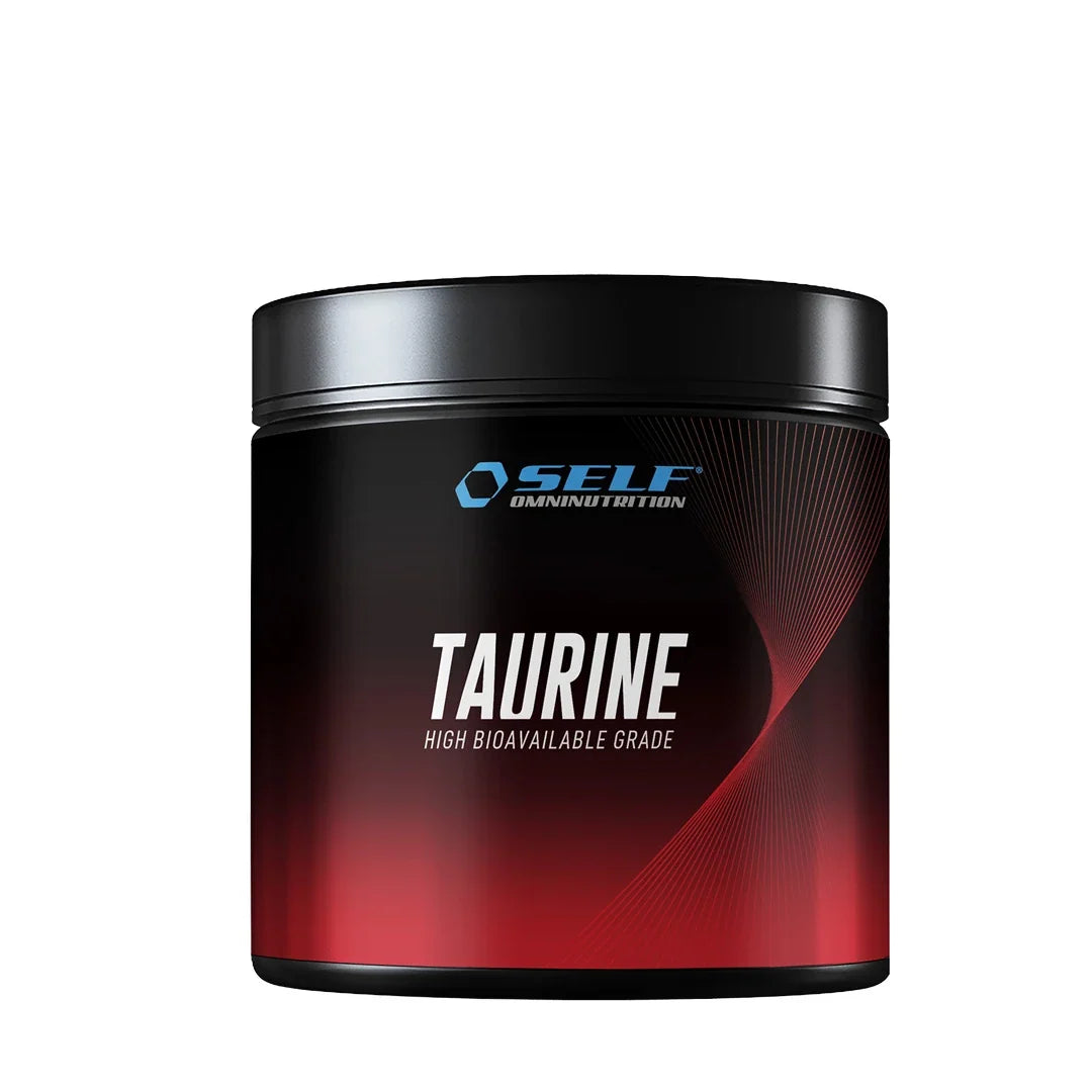 Self Omninutrition Amino Taurine 200 g rent taurinpulver i en svart och röd burk., bild 1 av 1