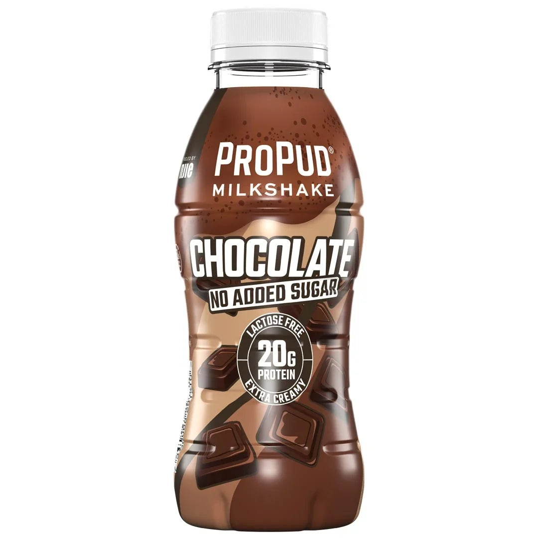 NJIE ProPud Protein Milkshake 330 ml i en brun flaska med vit kork för smaken Chocolate.