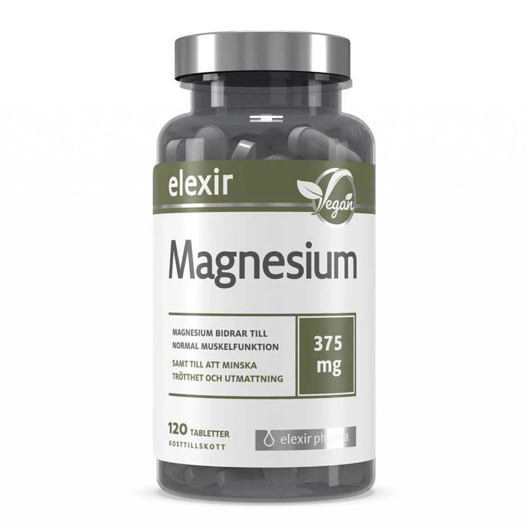 Elexir Pharma Magnesium 375 mg i en transparent burk med silverlock, vit etikett och 120 veganska tabletter., bild 1 av 1