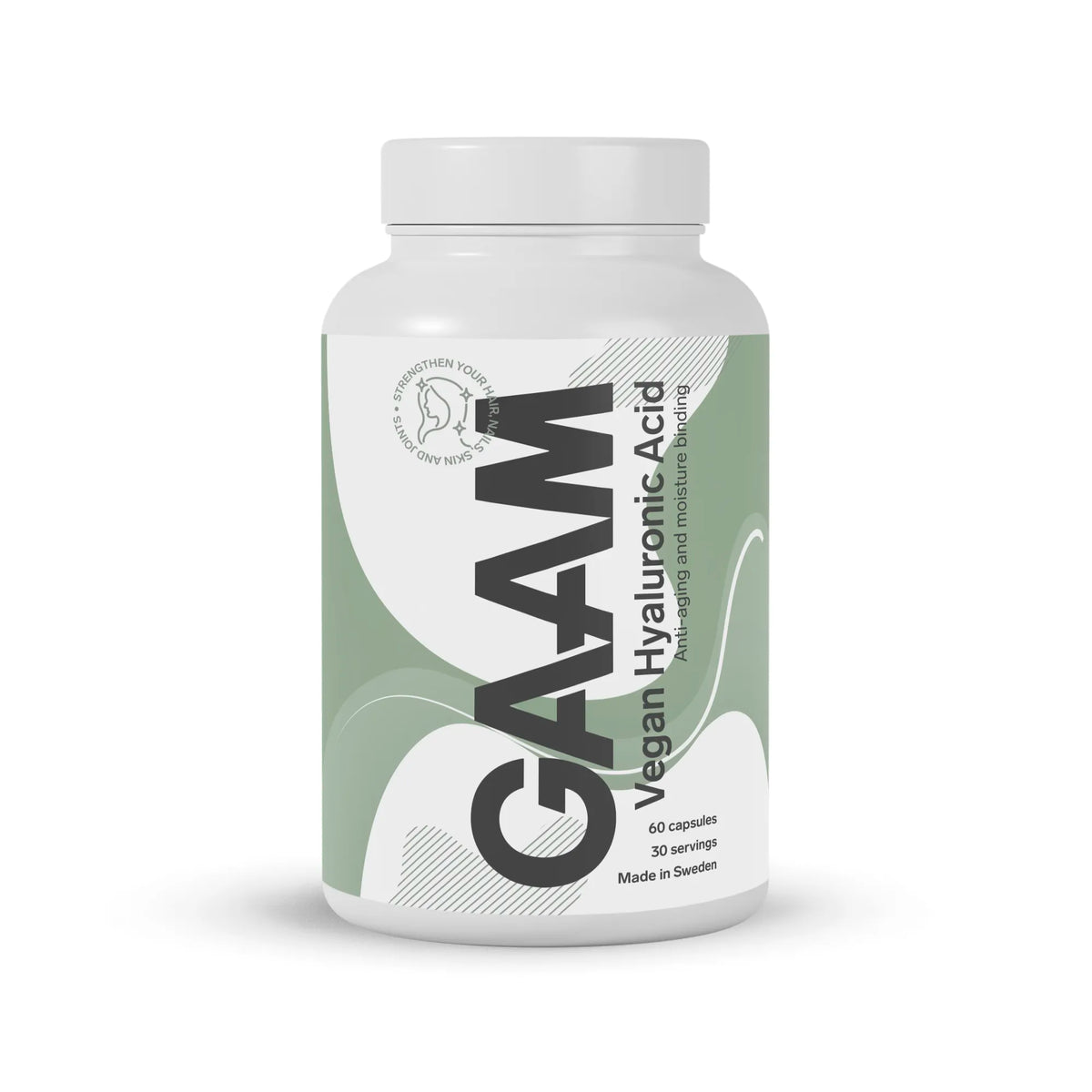 GAAM Vegan Hyaluronic acid & vitamin C 60 caps i en vit burk med grön etikett och svarta detaljer.