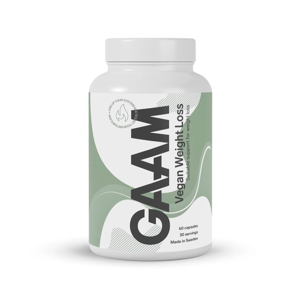 GAAM Vegan Weight loss 60 caps fettförbrännare förpackad i en vit plastburk med ljusgröna och vita detaljer., bild 1 av 1