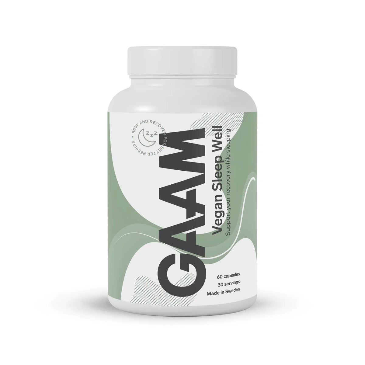 GAAM Vegan Sleep Well 60 caps, förpackad i en vit burk med gröna och grå detaljer för bättre sömn och återhämtning., bild 1 av 1