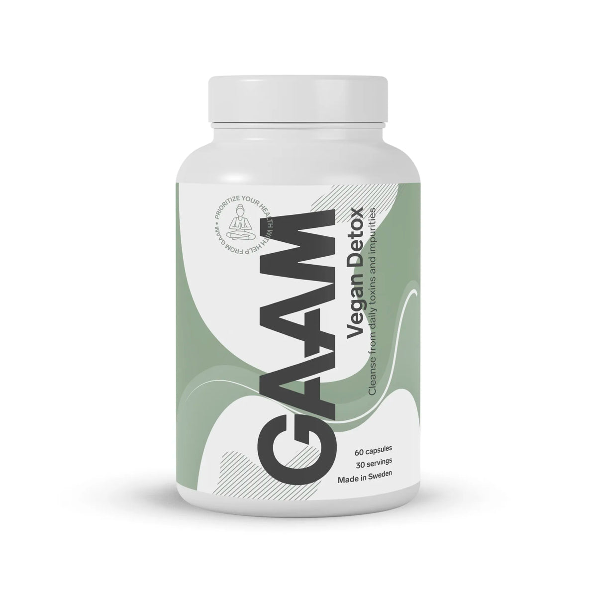 GAAM Vegan Detox 60 caps i en vit plastburk med grön och vit etikett, ett veganskt kosttillskott för rening., bild 1 av 1