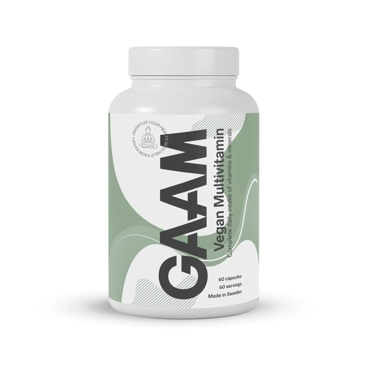 GAAM Vegan Multivitamin 60 caps kosttillskott i en vit plastburk med ljusgrön och vit etikett., bild 1 av 1