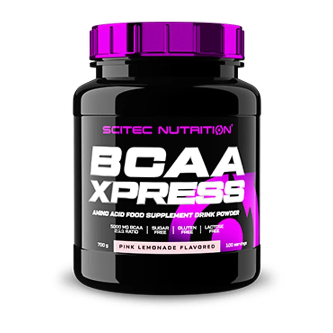 Scitec Nutrition BCAA Xpress 700 g aminosyror i svart burk med rosa detaljer och lock för smaken Pink Lemonade.