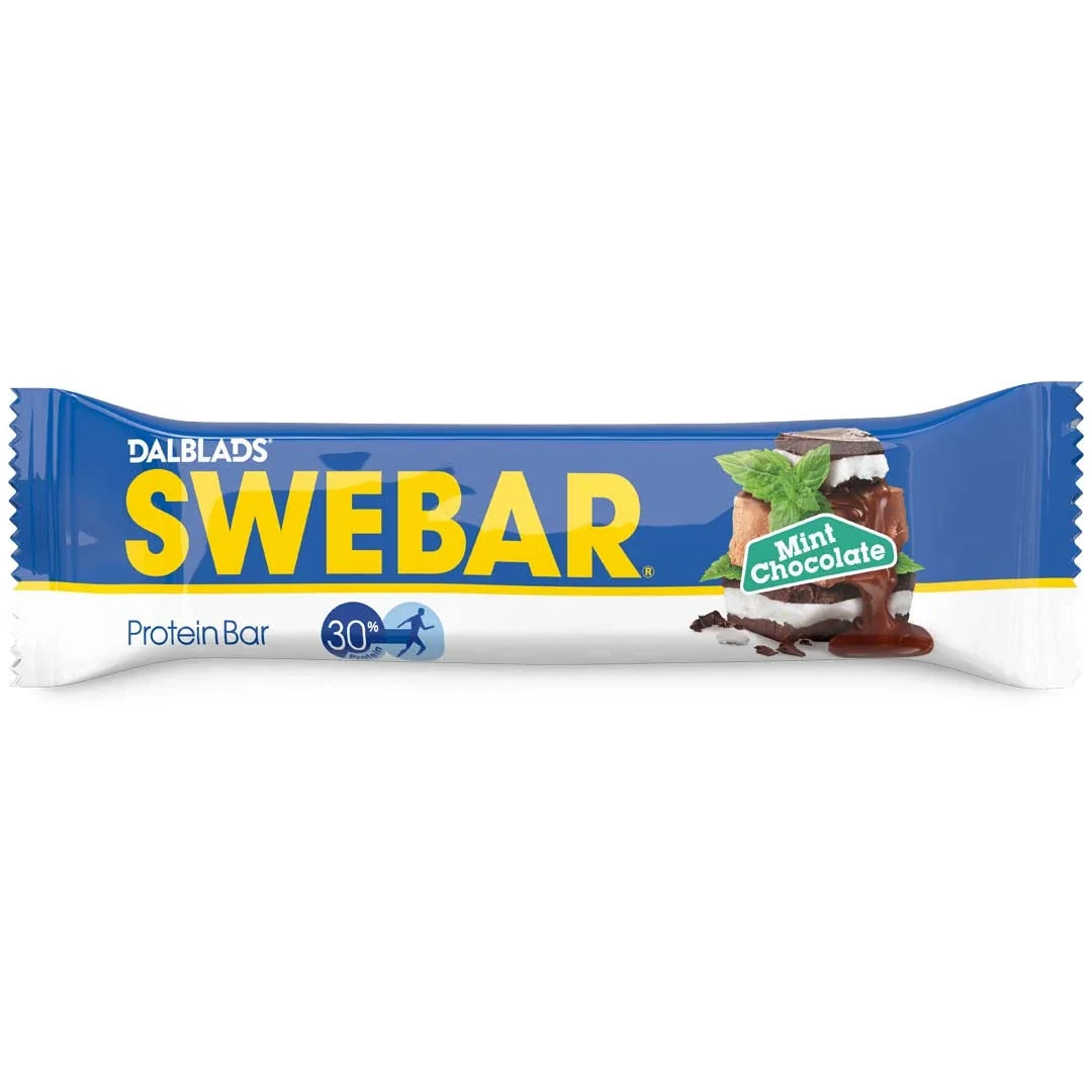 Dalblads Swebar 55 g proteinbar i en blå och vit förpackning med gul text för smaken Mint Chocolate., bild 2 av 6