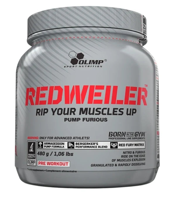 Olimp Redweiler 480 g pre-workout pulver i en grå burk med röd text, för ökad prestation.