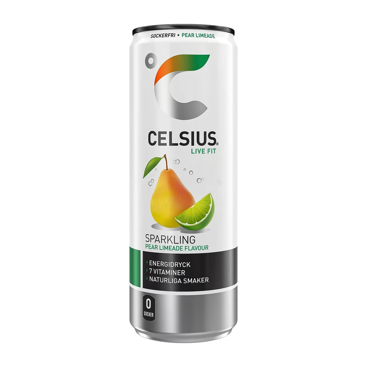Celsius 355 ml sockerfri energidryck i en vit burk med motiv av päron och lime för smaken Pear Limeade.