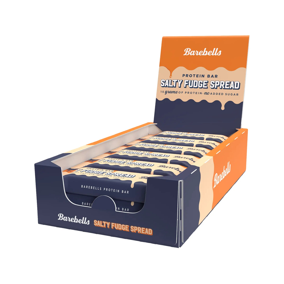 Barebells Protein Bar Spread 45 g Salty Fudge Spread 12-pack i en mörkblå och orange displaykartong.