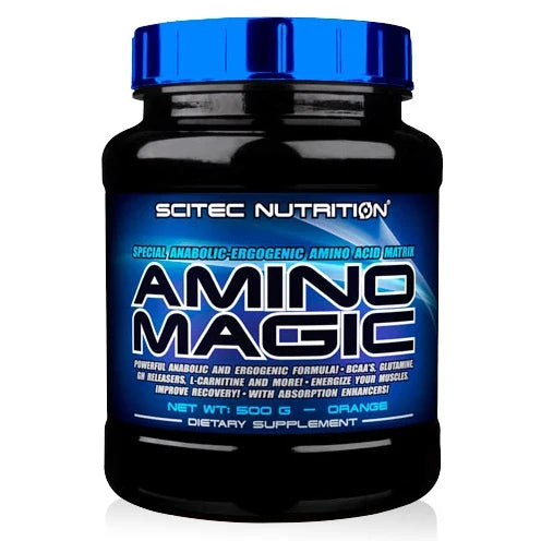 Scitec Nutrition Amino Magic 500 g aminosyrakomplex i en svart burk med blått lock för smaken Apelsin.