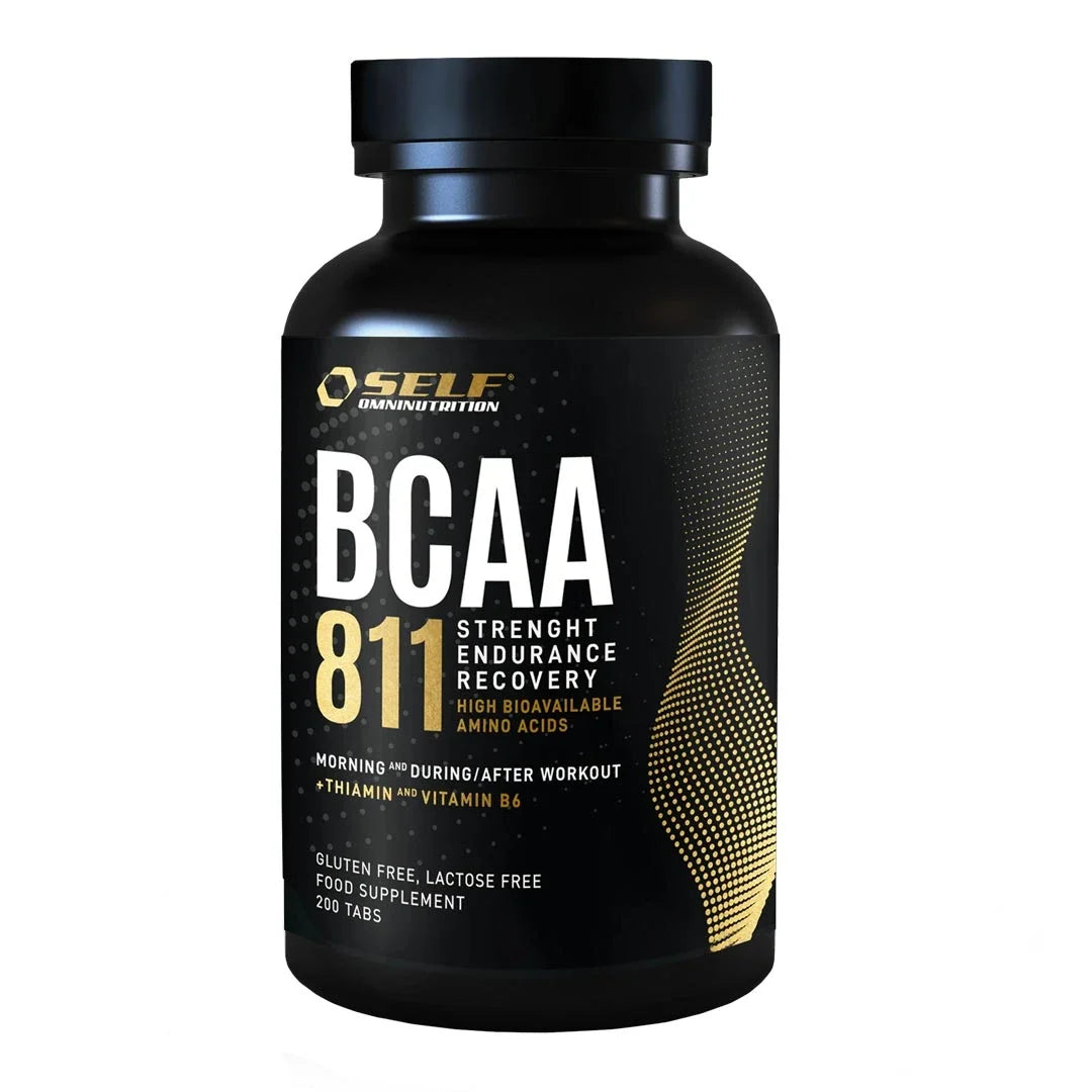 Svart burk med Self Omninutrition Essential BCAA 811 200 tabs kosttillskott, vita bokstäver och gulddetaljer., bild 1 av 1