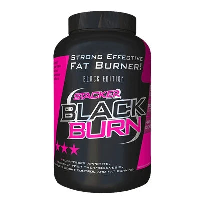 Svart burk med rosa och silverfärgade detaljer av fettförbrännaren Stacker2 Black Burn 120 caps., bild 1 av 1