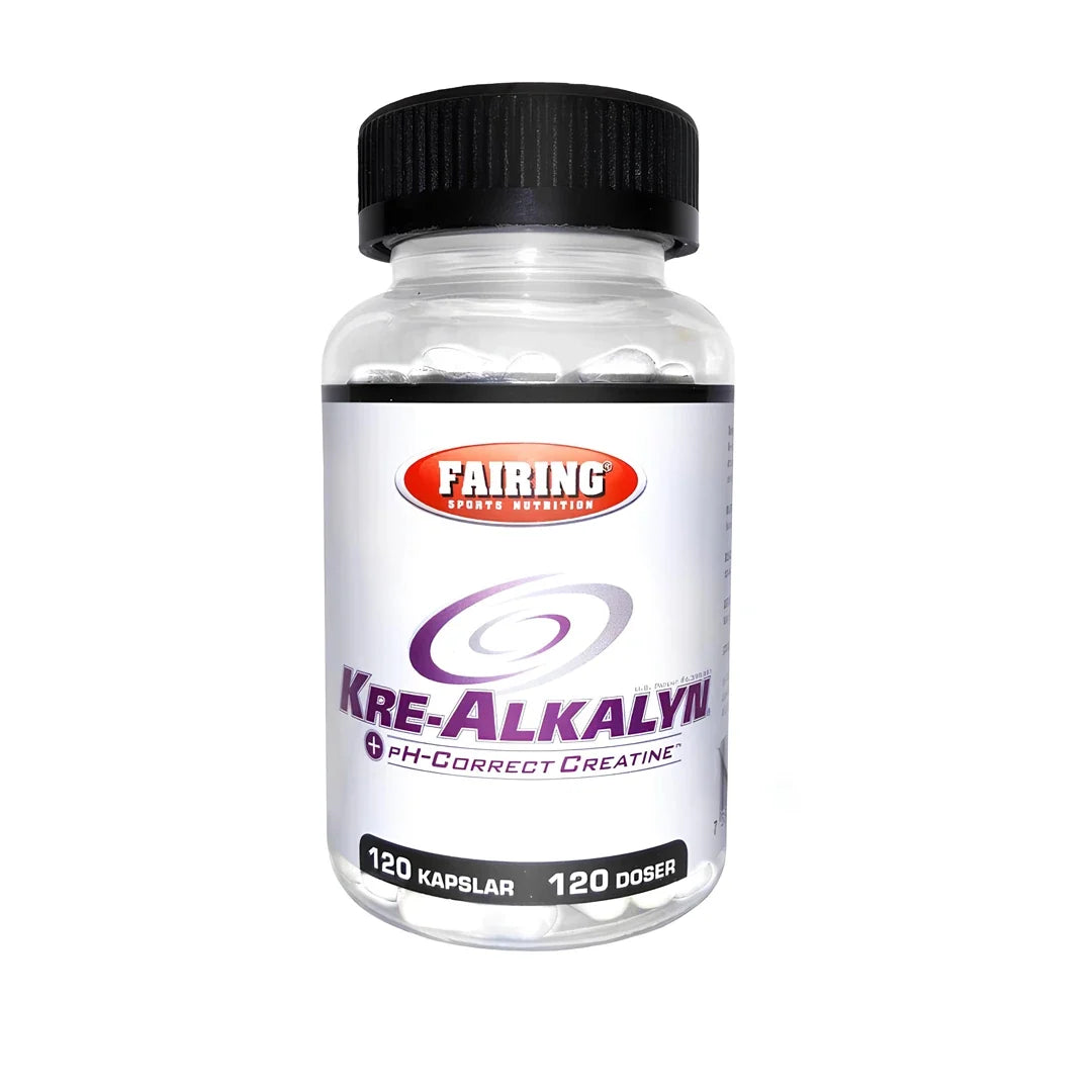 Fairing Kre-Alkalyn 120 caps är ett kreatintillskott i form av vita kapslar i en transparent burk med svart lock och vit etikett med lila detaljer.