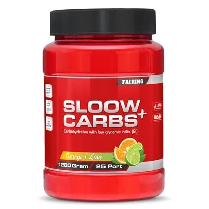 Röd burk med Fairing Sloow Carbs+ 1.2 kg kolhydratpulver i smaken Orange Lime., bild 2 av 2