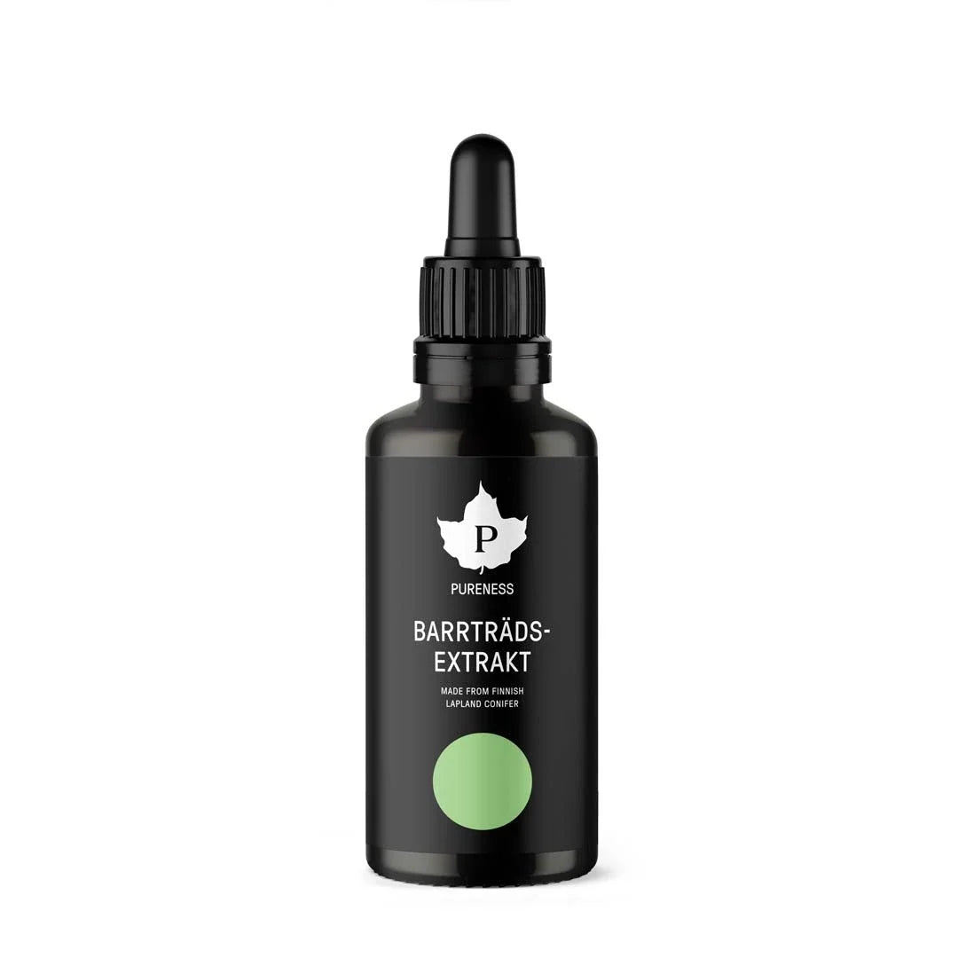 Pureness Barrträdsextrakt 50 ml förpackad i en mörk glasflaska med pipett, svart etikett och en ljusgrön cirkel.